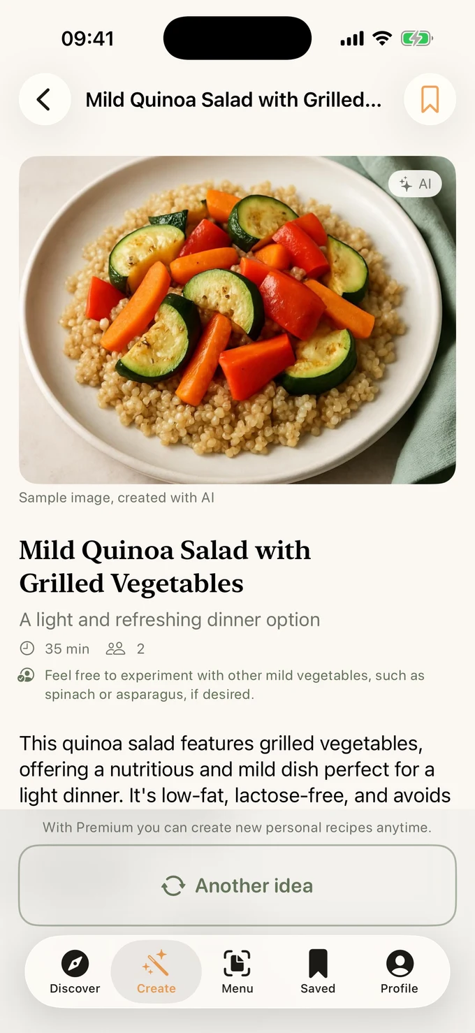 Reflux Kitchen app: an AI-generated reflux-friendly recipe on iPhone