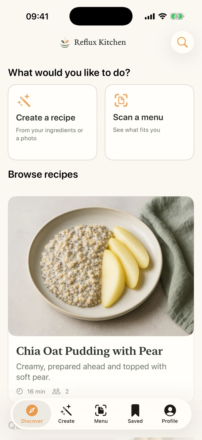Reflux Kitchen app on iPhone: browse gentle, reflux-friendly recipes