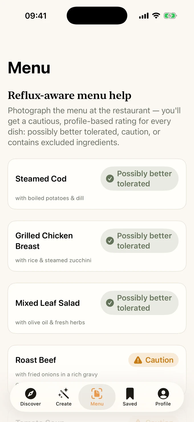 Reflux Kitchen app: AI menu-scan results rating each restaurant dish for your reflux profile