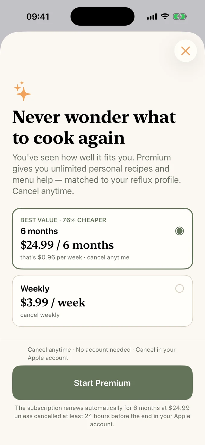 Reflux Kitchen Premium plans on iPhone