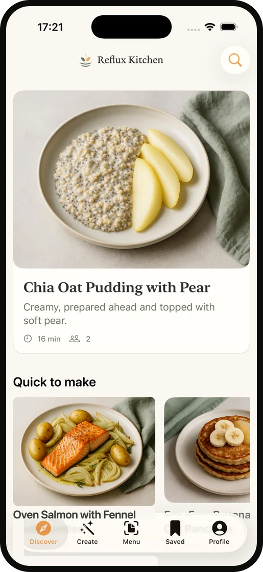 Reflux Kitchen app on iPhone showing a reflux-friendly recipe