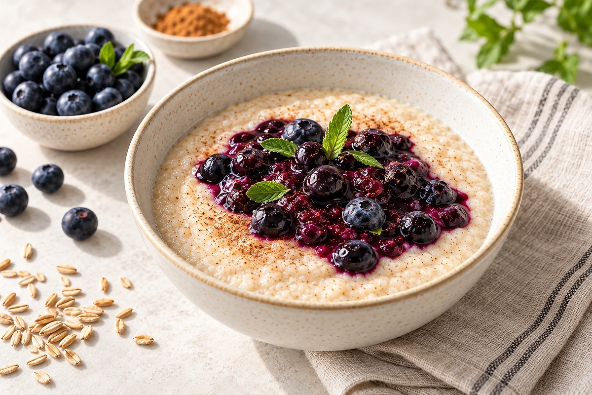 Bowl of creamy spelt semolina porridge topped with blueberry compote on a light table.