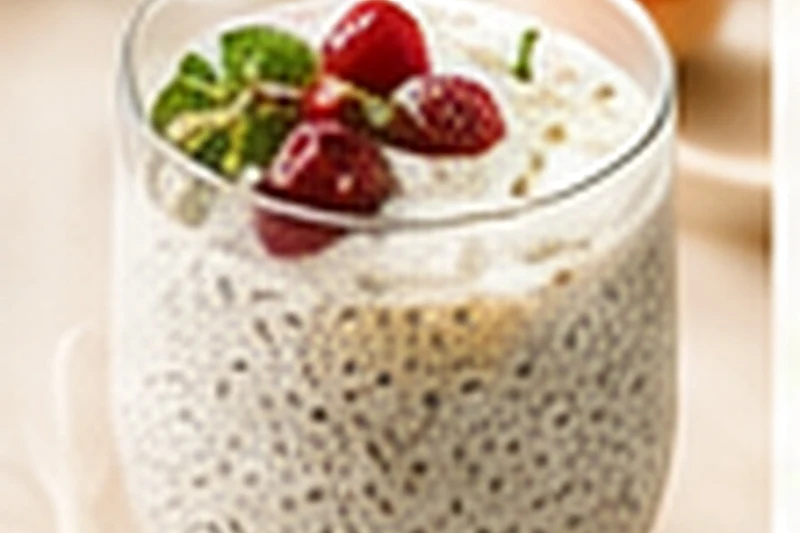 Creamy chia oat pudding in a bowl topped with soft diced pear.