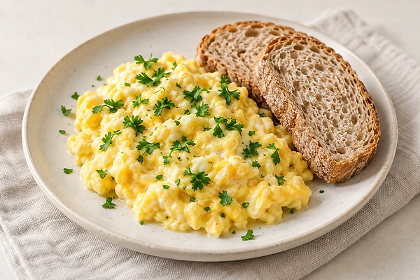 Creamy scrambled eggs with parsley beside two slices of toasted spelt bread on a light plate.