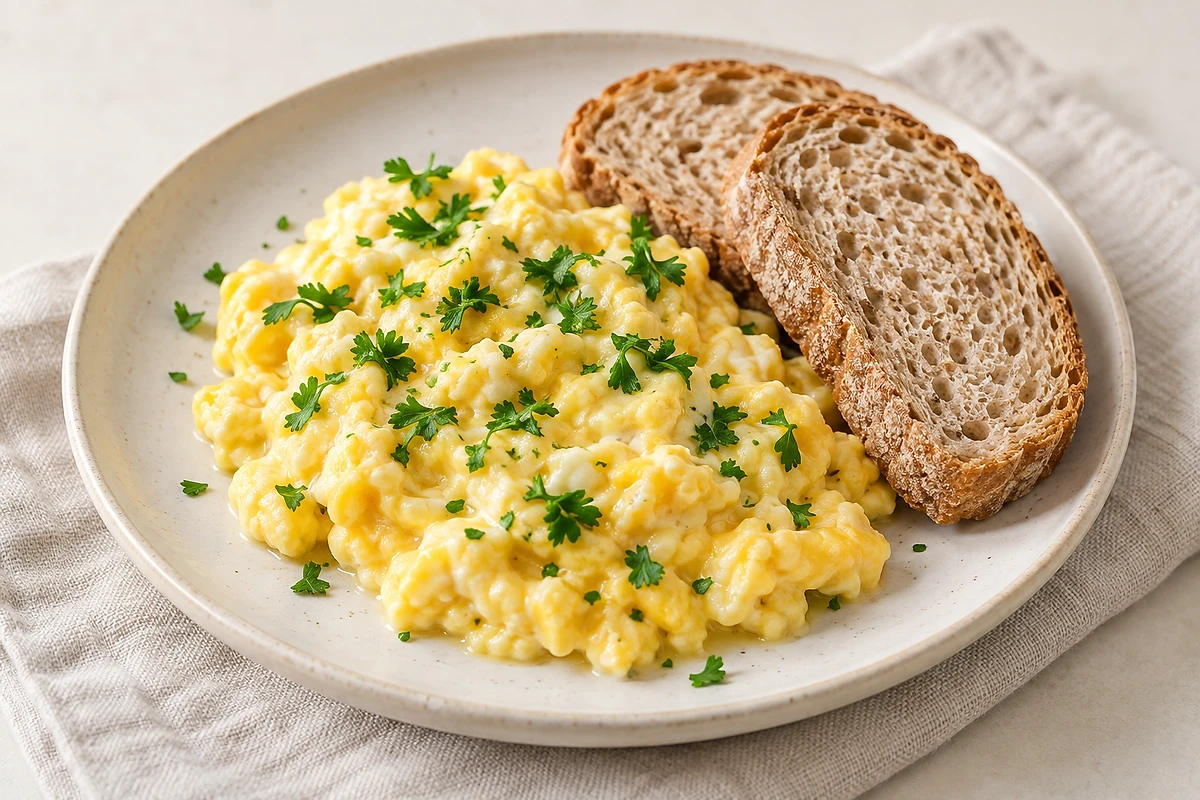 Creamy scrambled eggs with parsley beside two slices of toasted spelt bread on a light plate.