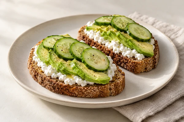 Spelt toast topped with cottage cheese, thin cucumber slices and dill on a light plate.
