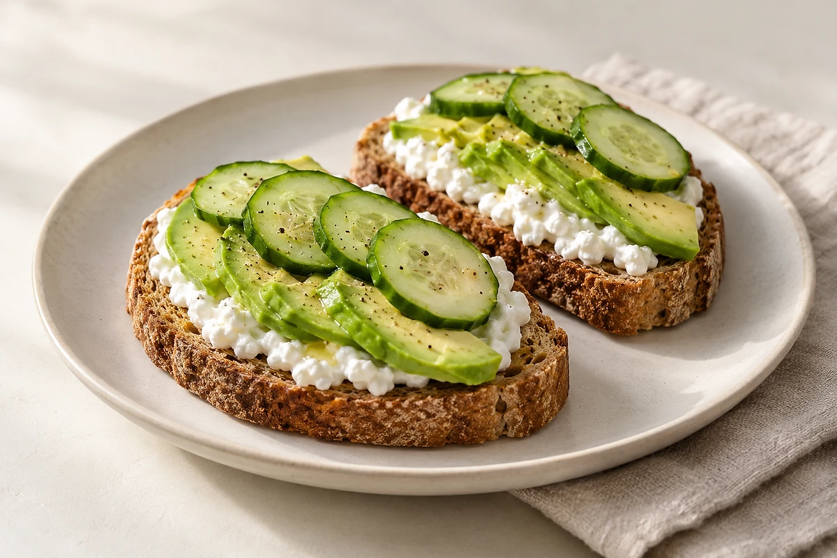 Spelt toast topped with cottage cheese, thin cucumber slices and dill on a light plate.
