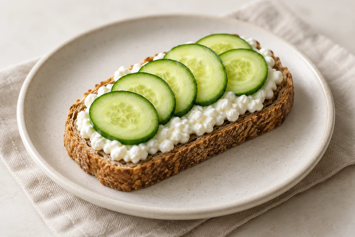 Two slices of spelt toast with cottage cheese, thin cucumber slices, and herbs on a light plate.