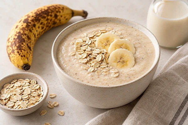 A pale, thick banana-oat smoothie in a small glass on a light surface.
