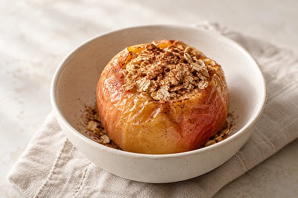 Two baked apple halves with an oat filling in a small baking dish.