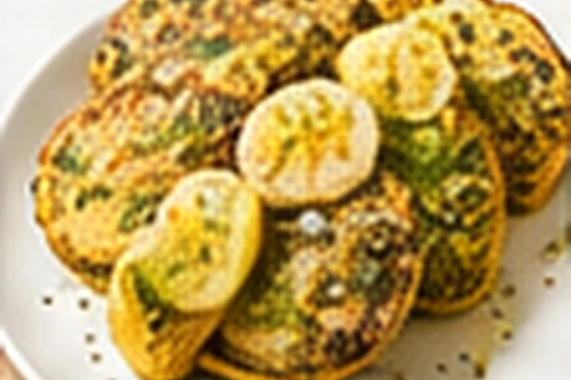Small baked zucchini and potato fritters on a lined tray, lightly golden.