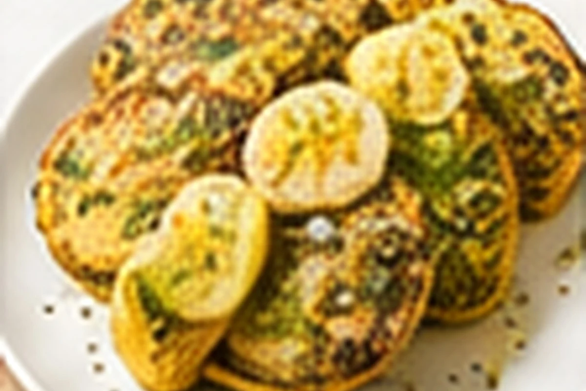 Small baked zucchini and potato fritters on a lined tray, lightly golden.