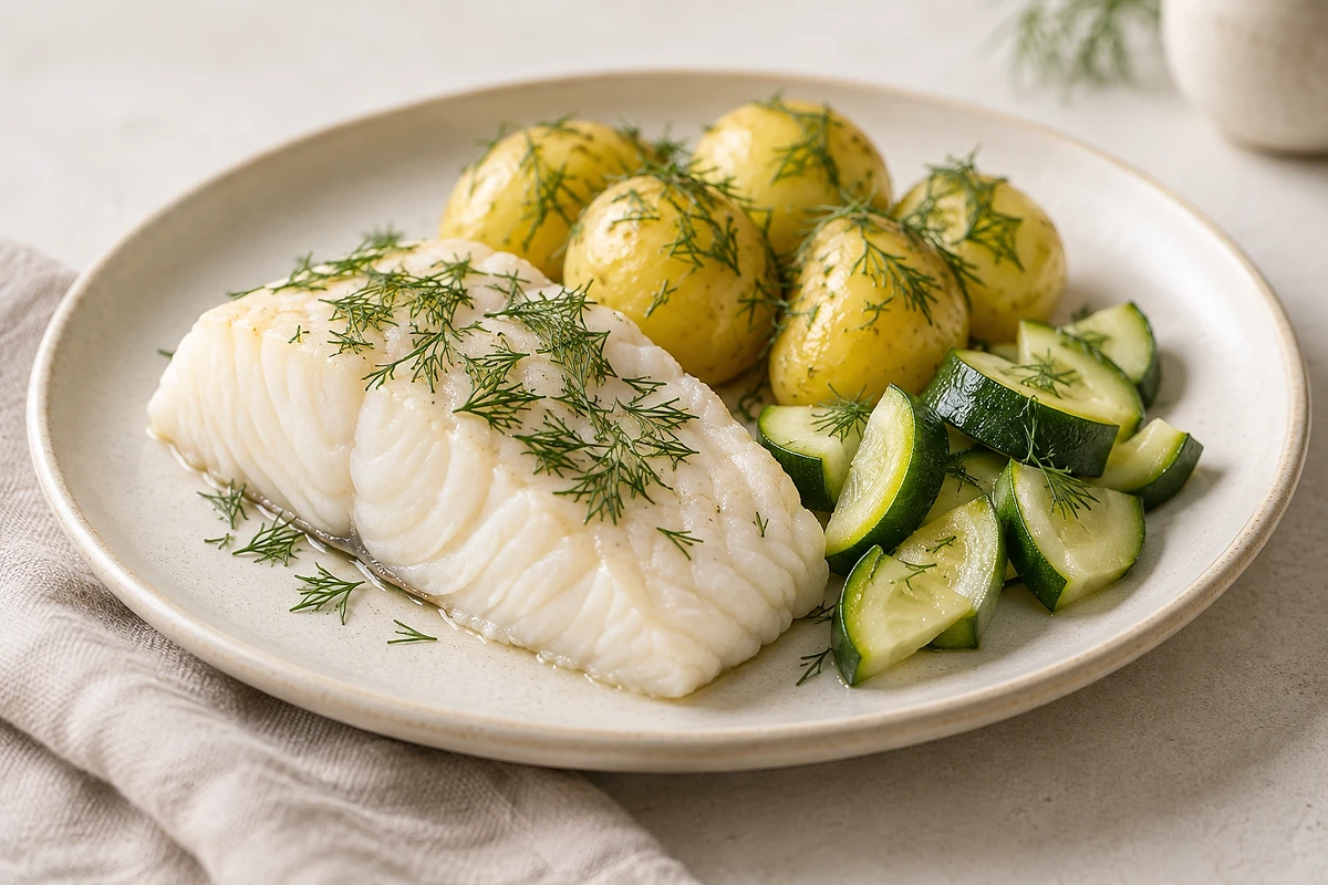 Steamed cod with dill potatoes and zucchini on a light plate.