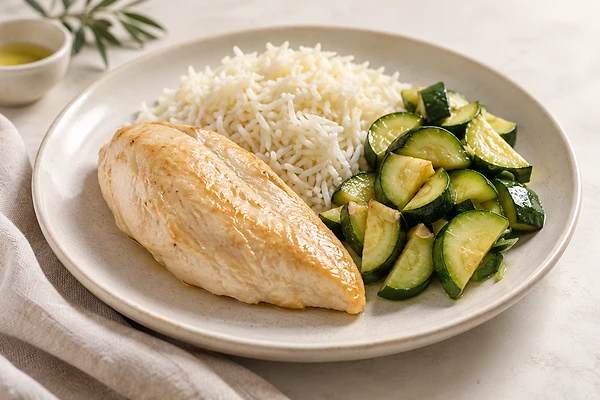 Sliced chicken breast with basmati rice and soft zucchini pieces on a light plate.