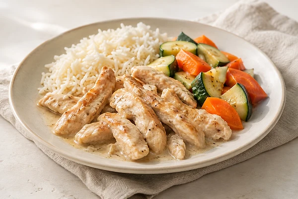 Turkey strips and basmati rice with zucchini and carrot in a pale oat cream, finished with herbs.