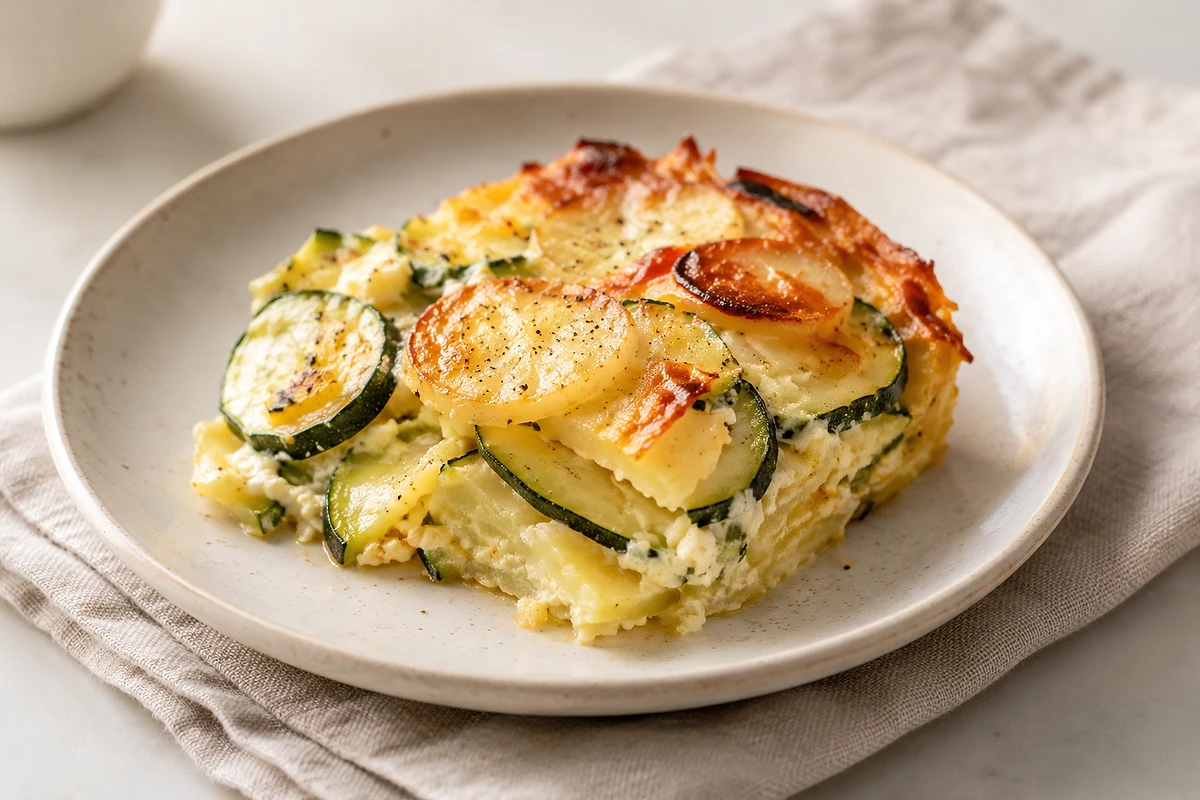 A baking dish of sliced potato and zucchini set in golden egg custard, sprinkled with parsley.