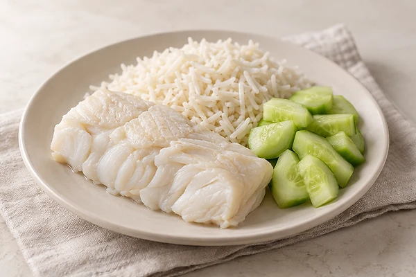 Poached cod fillet with white basmati rice and steamed cucumber on a light plate.