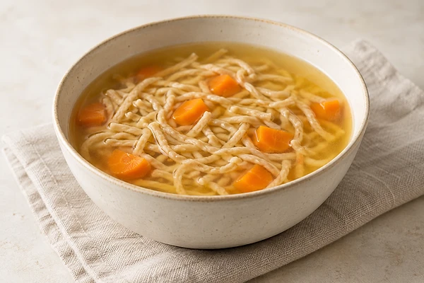 Bowl of clear vegetable broth with small spelt noodles, carrot and zucchini.