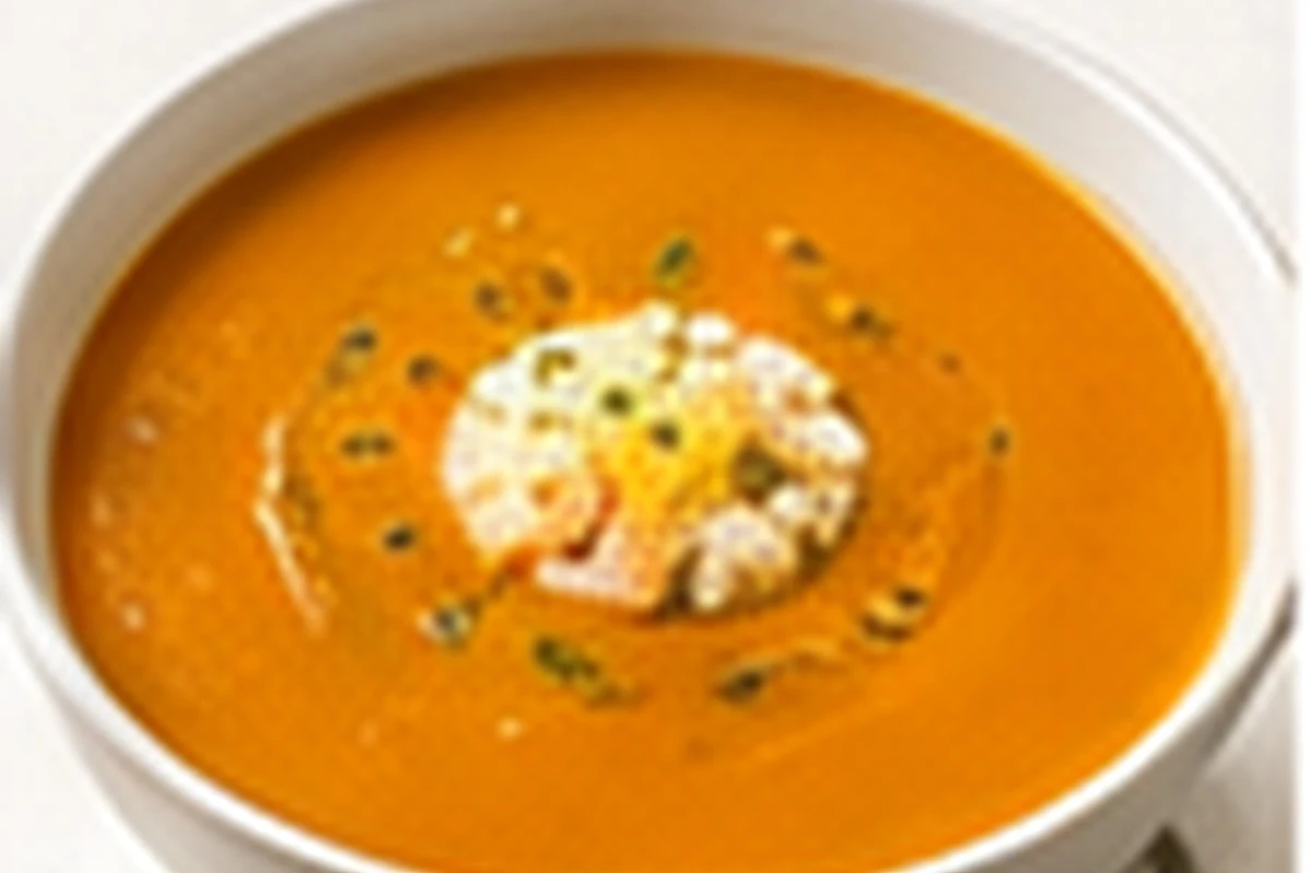 Smooth carrot and potato cream soup in a bowl with chopped herbs.