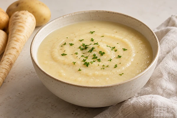 A smooth parsnip and potato soup in a bowl topped with chopped herbs.