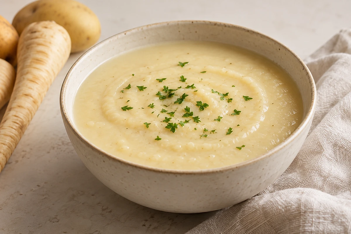 A smooth parsnip and potato soup in a bowl topped with chopped herbs.