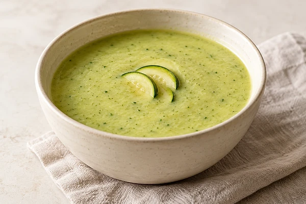 A bowl of smooth pale-green zucchini and potato soup topped with chopped parsley.