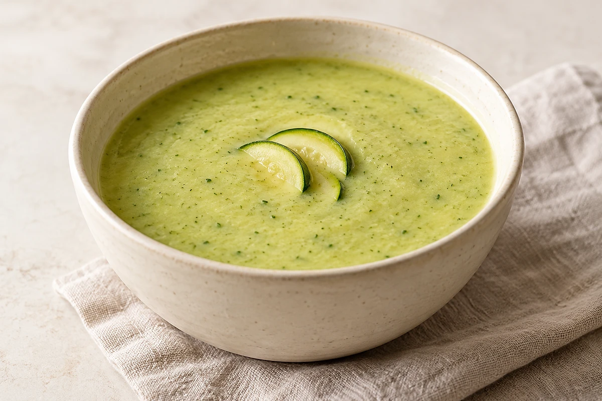 A bowl of smooth pale-green zucchini and potato soup topped with chopped parsley.
