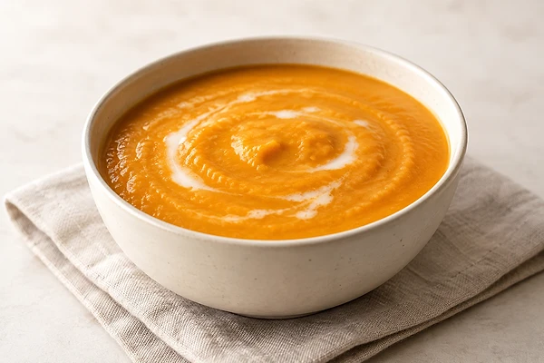 A bowl of smooth orange sweet potato and carrot soup topped with chopped herbs.