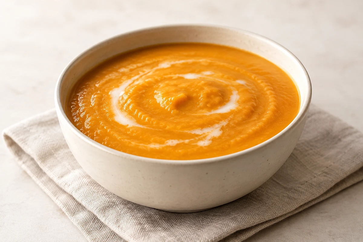 A bowl of smooth orange sweet potato and carrot soup topped with chopped herbs.