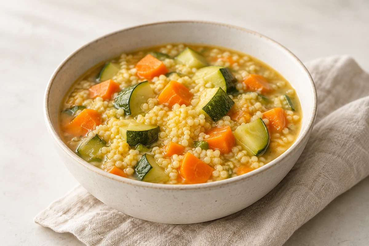 A bowl of millet stew with soft carrots, zucchini and potato, topped with parsley.