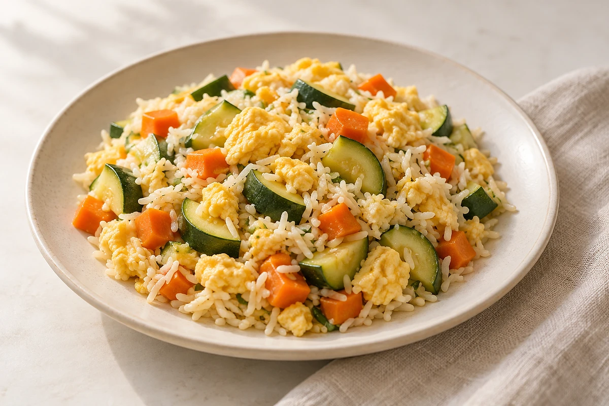 Skillet of basmati rice with soft zucchini, carrot and cooked egg, topped with herbs.