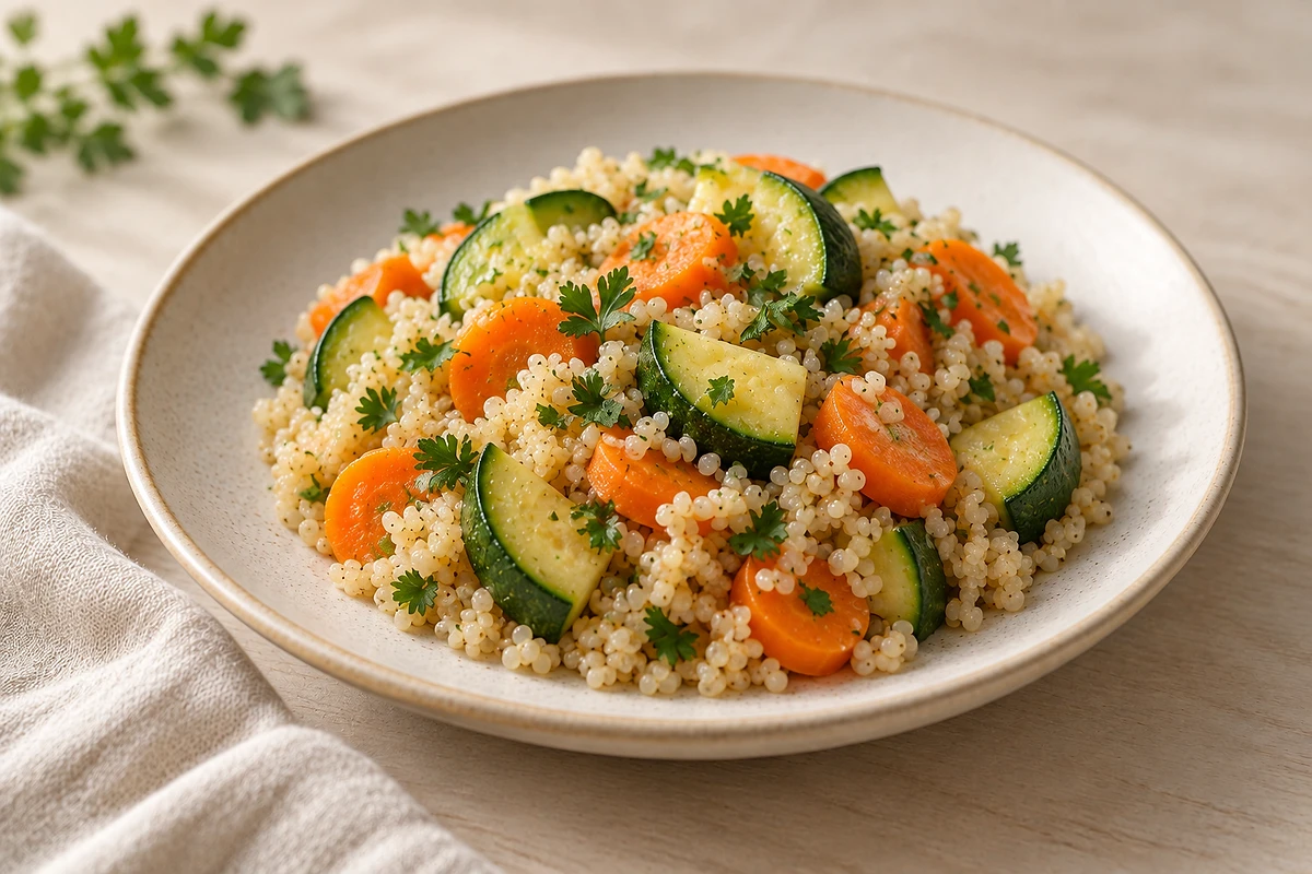 Plate of quinoa with steamed zucchini, carrot and sweet potato, sprinkled with parsley.