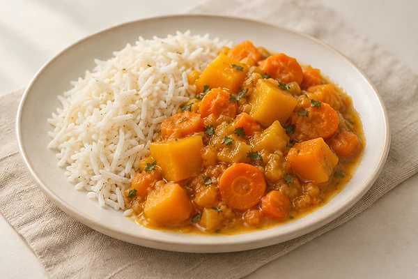 Creamy pumpkin and carrot ragout served over basmati rice with parsley.