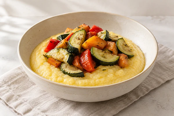 A bowl of creamy polenta topped with roasted carrots, zucchini, and sweet potato.