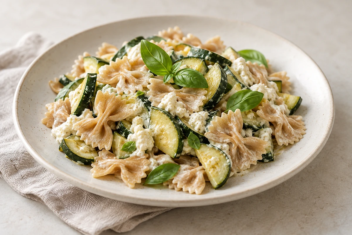 Spelt farfalle in a light creamy zucchini sauce, scattered with fresh basil.