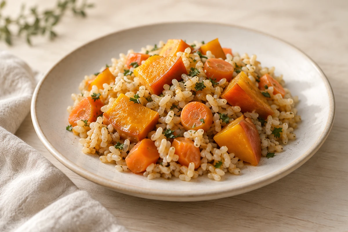 A plate of brown rice with soft orange pumpkin and carrot cubes, garnished with parsley.