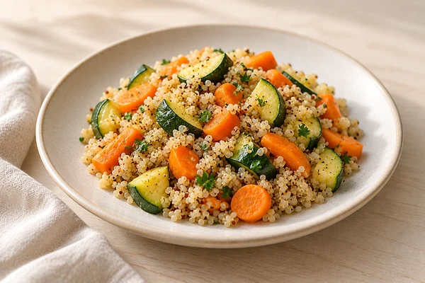 A bowl of quinoa with steamed zucchini and carrot pieces, scattered with dill.