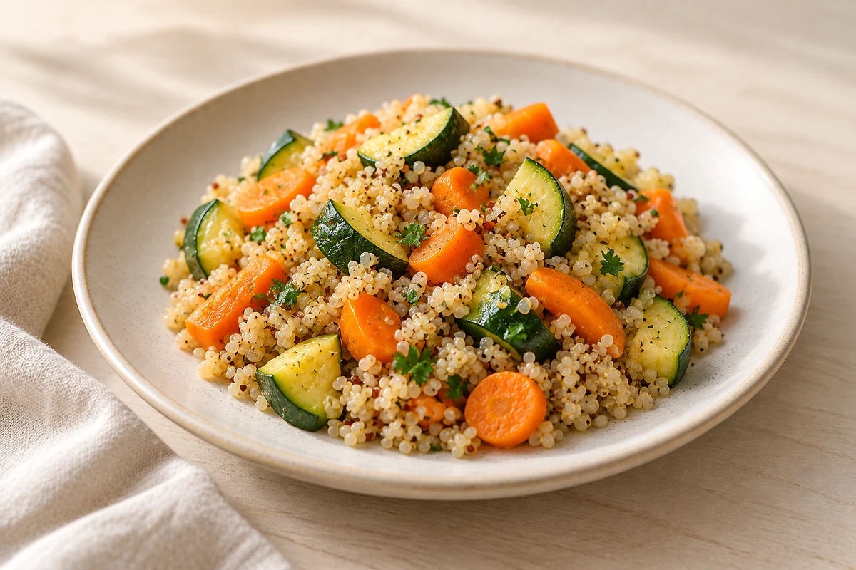 A bowl of quinoa with steamed zucchini and carrot pieces, scattered with dill.