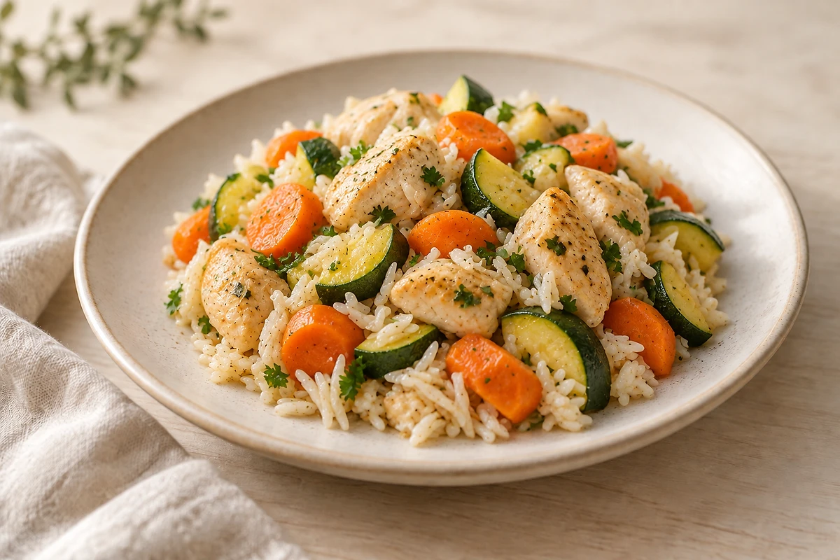 A skillet of chicken pieces with basmati rice, carrots and zucchini, scattered with herbs.