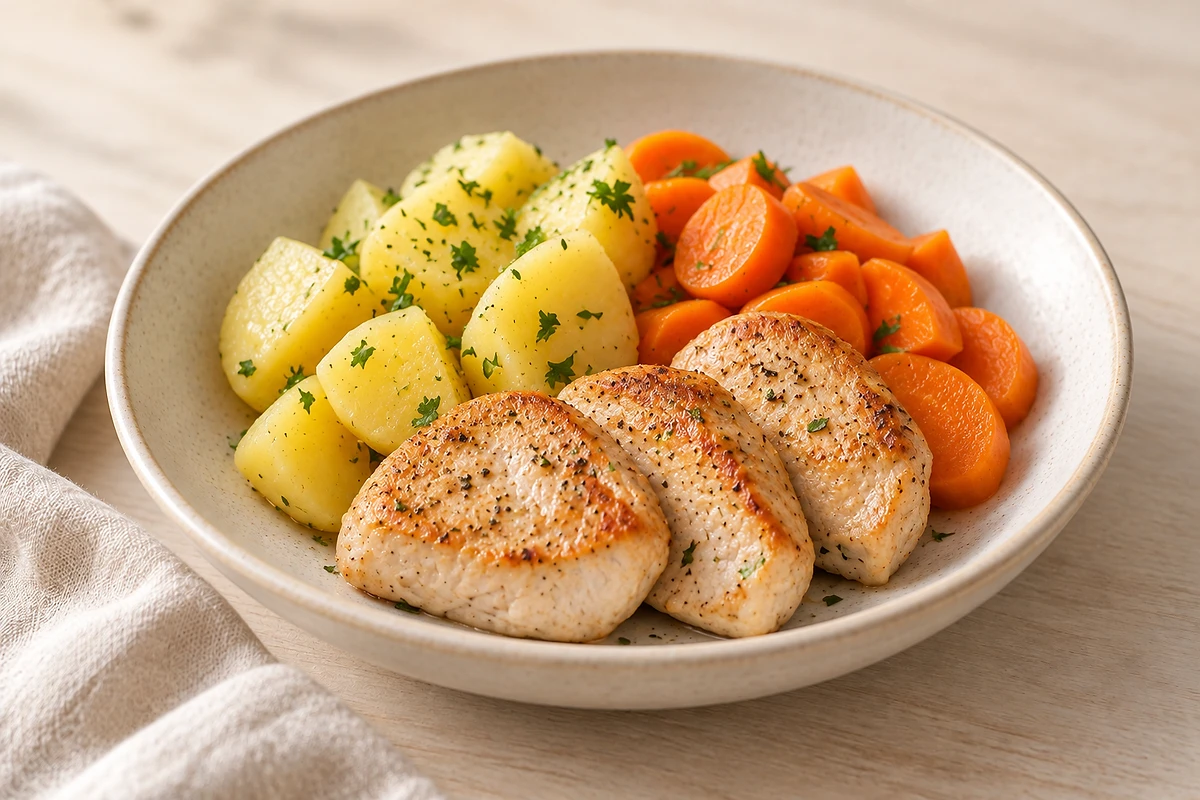 Bowl of boiled potatoes, steamed carrots, fennel and zucchini with a turkey medallion and parsley.