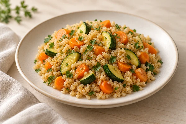 Bowl of spelt bulgur with soft zucchini, carrot and pumpkin, garnished with parsley.