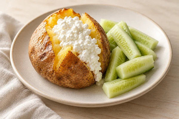 Split baked potato filled with cottage cheese and diced cucumber, topped with dill.