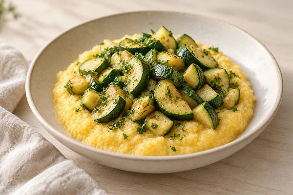 Creamy corn polenta in a bowl topped with soft zucchini and carrot pieces and parsley.