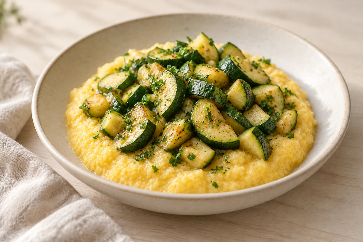 Creamy corn polenta in a bowl topped with soft zucchini and carrot pieces and parsley.