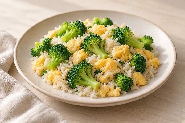 Steamed broccoli, basmati rice and a soft egg arranged on a warm plate with herbs.