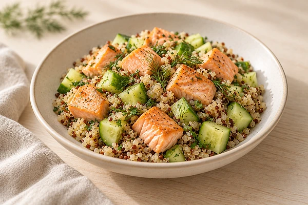 A bowl of quinoa with a piece of salmon, steamed zucchini, and thin cucumber slices, topped with dill.