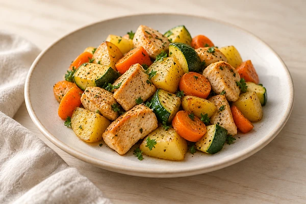 A skillet of diced turkey breast with potato, zucchini, and carrot, finished with parsley.