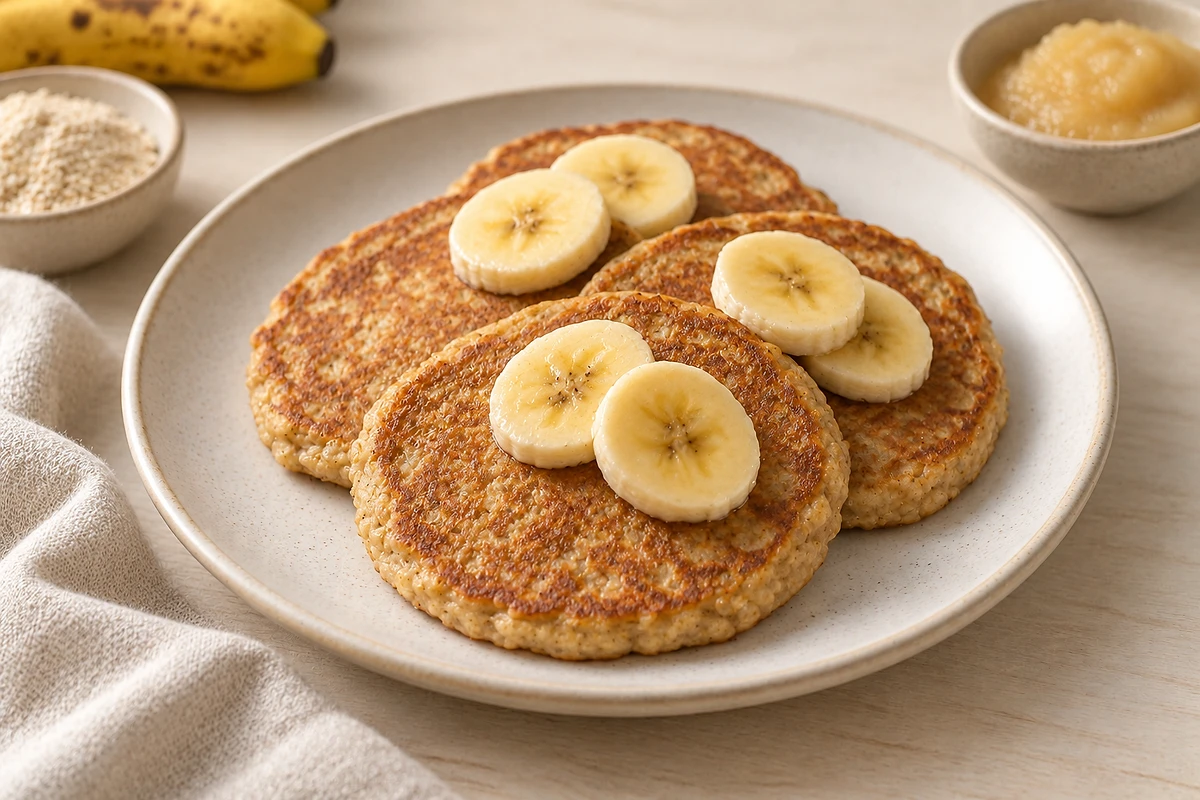 A short stack of golden banana-oat pancakes on a light plate.