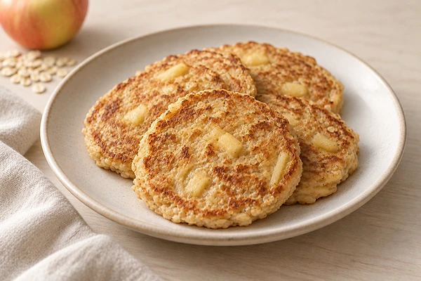 Stack of small oat pancakes made with grated apple on a light plate.