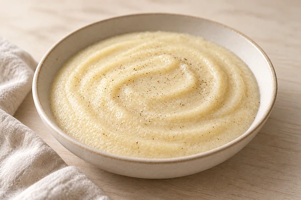 Small bowl of creamy vanilla semolina pudding served lukewarm.